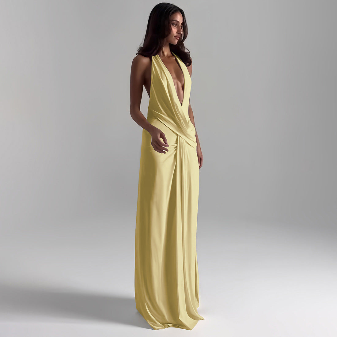 Elegant Halter Neck Deep V Back Floor Length Dress