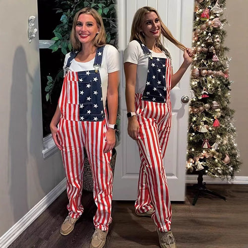 American Flag Couple's Overalls – 4th of July Denim Bib Pants
