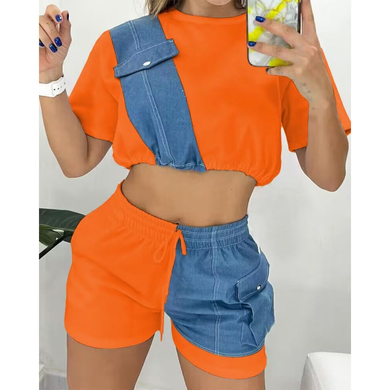 Women's Denim Short Sleeve Shorts Set