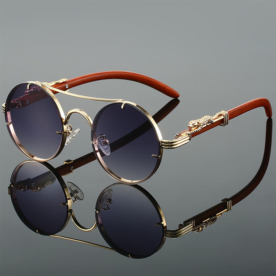 Retro Metal Round Sunglasses with Leopard Head Design