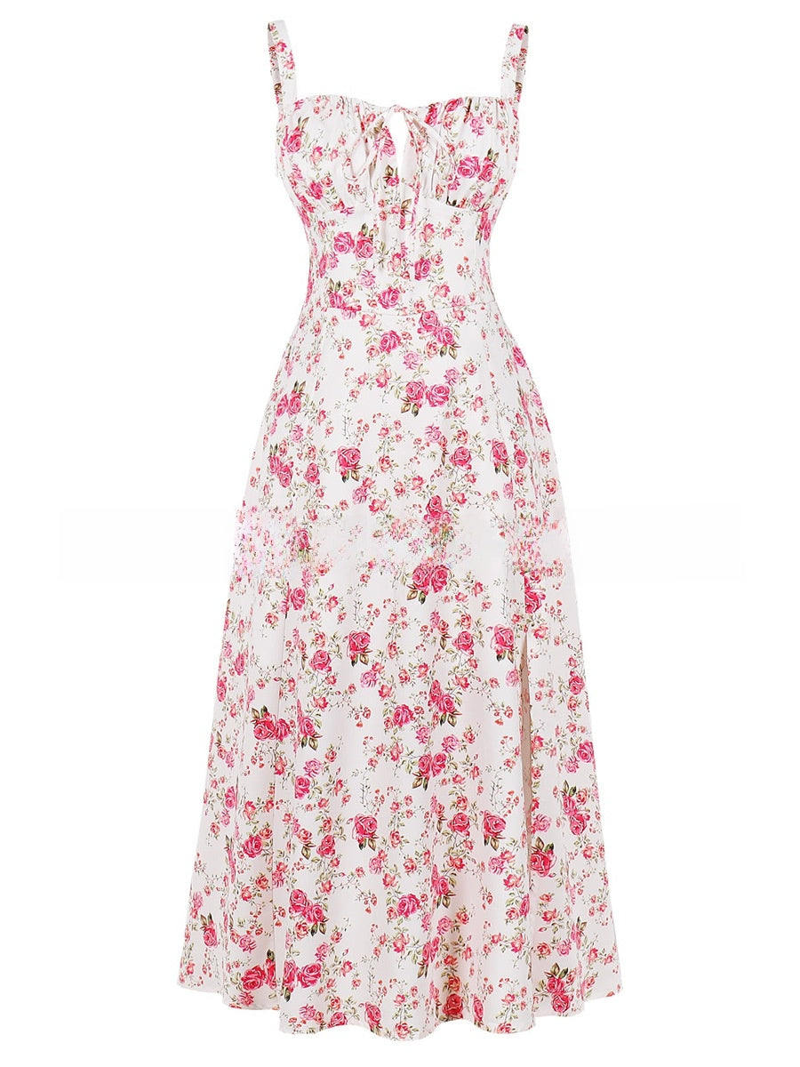 Cross-Border European and American 2026 Amazon Summer New Printed Tie-Up Strap Dress with Back Tie Waist-Cinching Long Dress