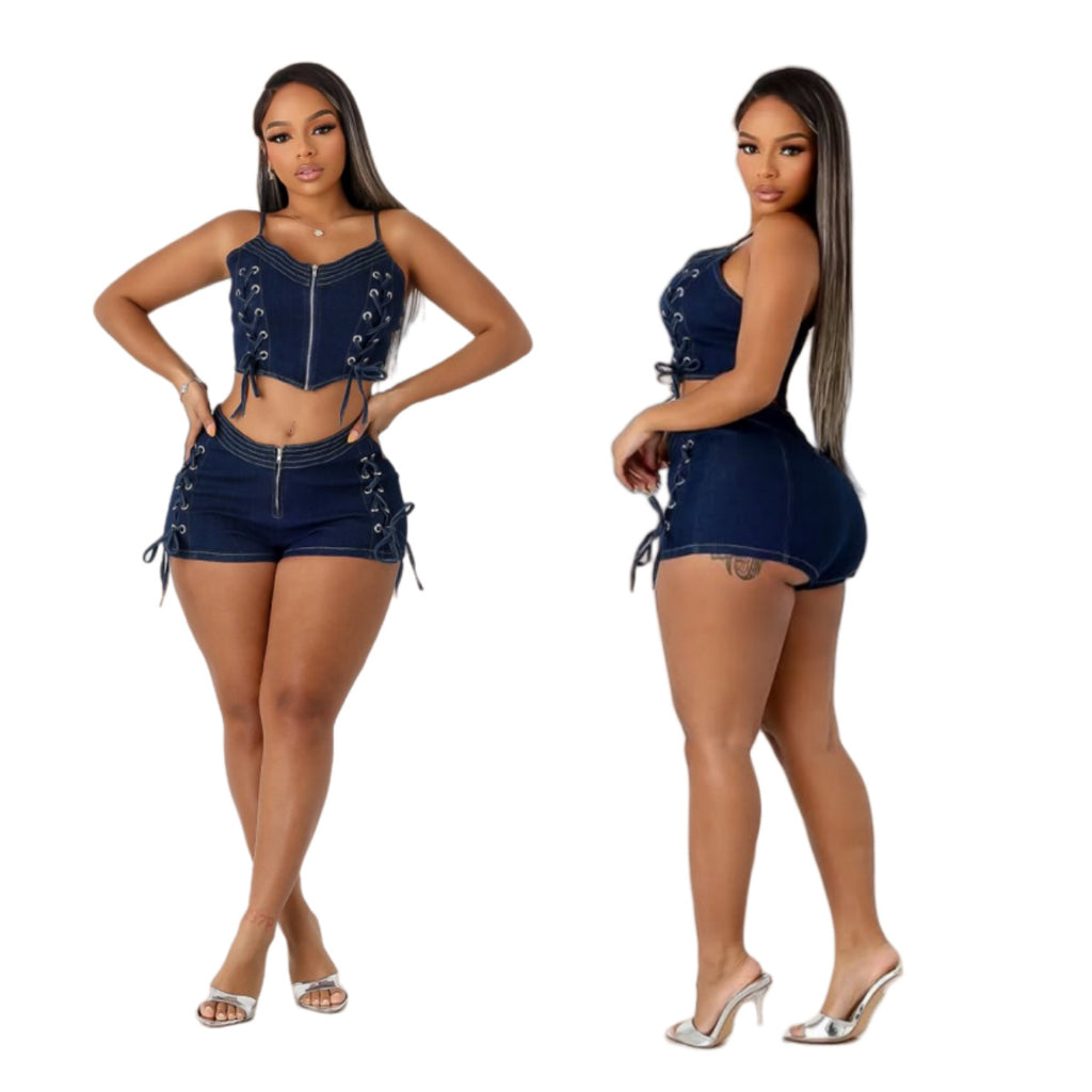 Denim Lace-Up Vest Elastic Shorts Suit