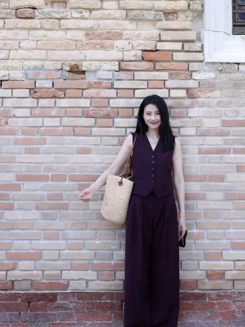 Brown-Red Linen Retro Slimming Suit for Women