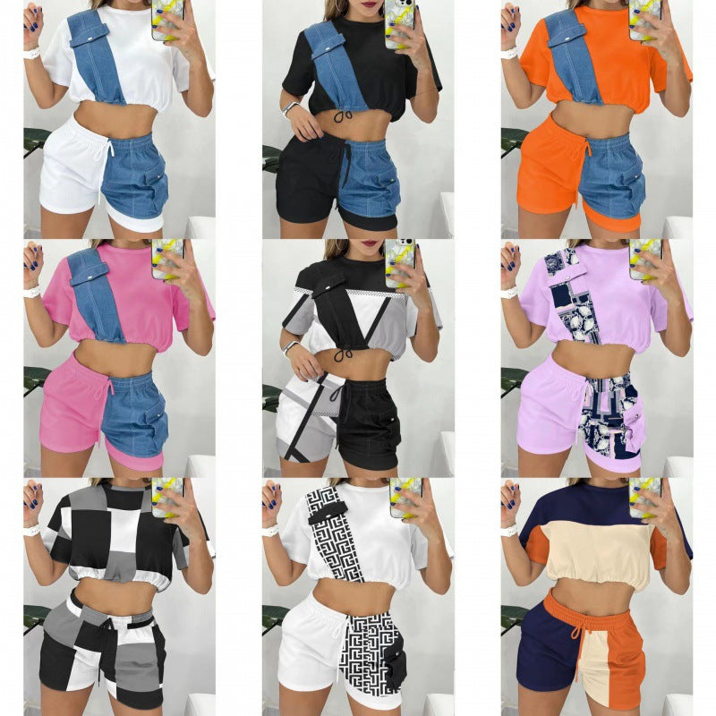 Women's Denim Short Sleeve Shorts Set