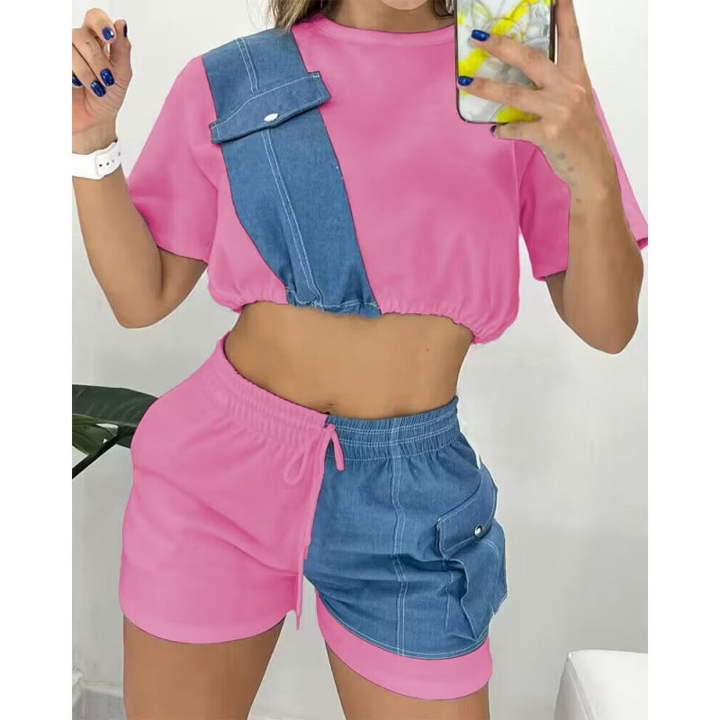 Women's Denim Short Sleeve Shorts Set