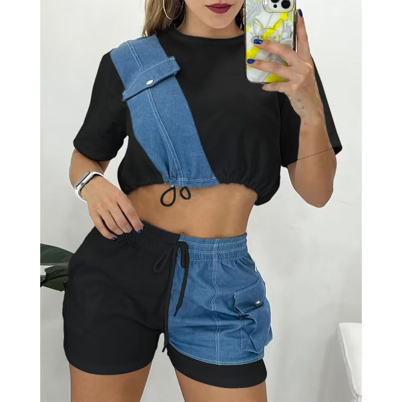 Women's Denim Short Sleeve Shorts Set