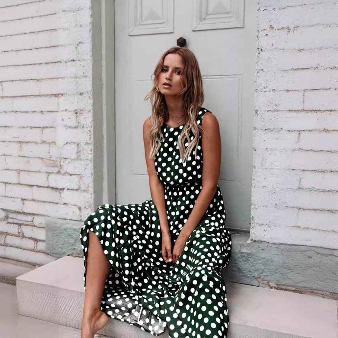 Printed Polka Dot Round Neck Long Dress