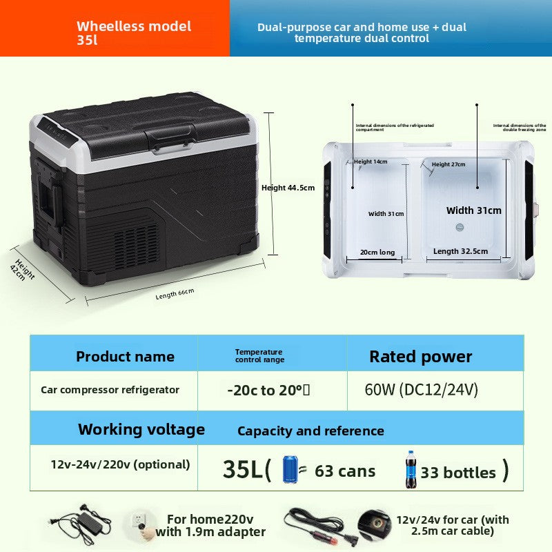 Dual Temperature Car Refrigerator with Compressor Cooling