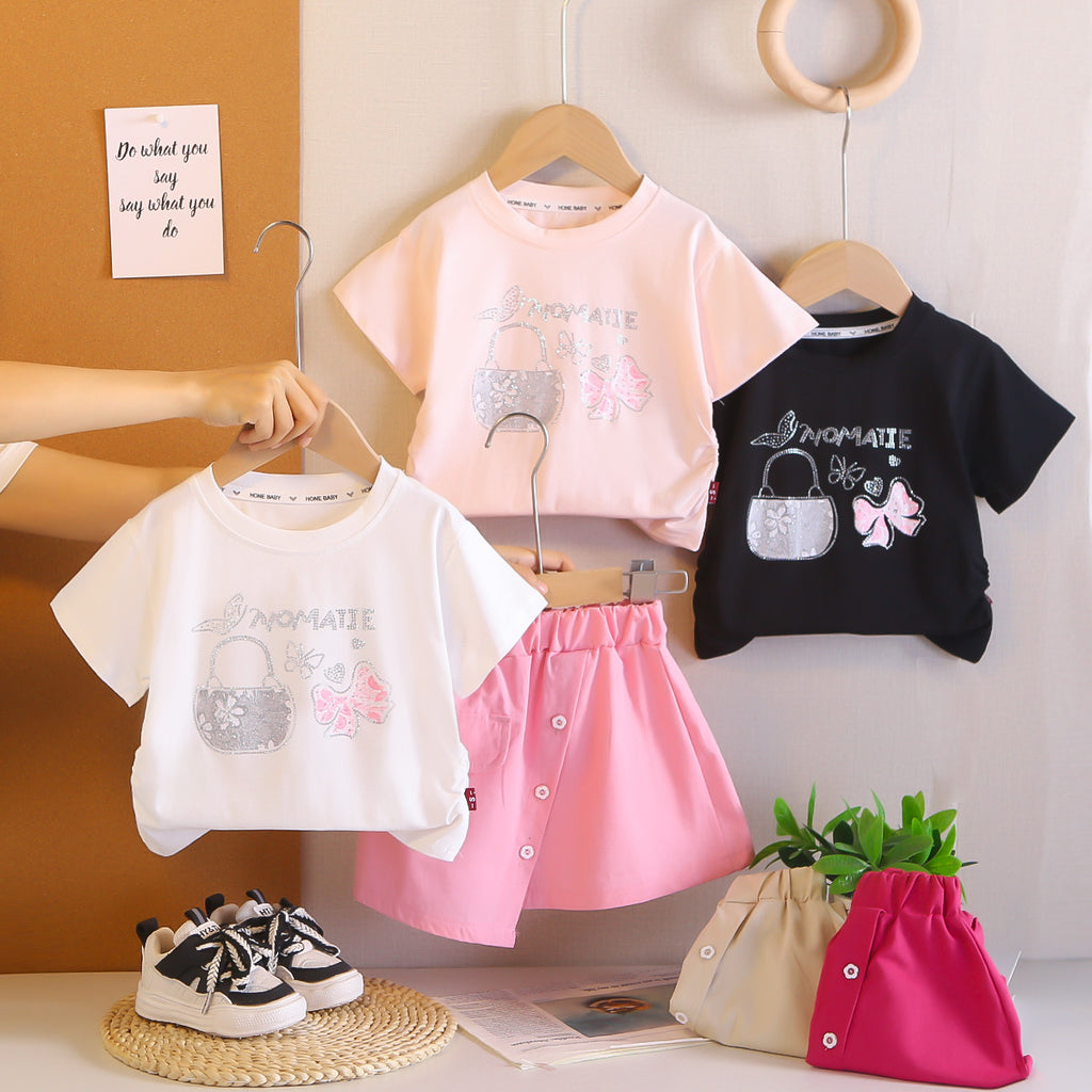 Girls Rhinestone Round Neck Short Sleeve Two-Piece Set