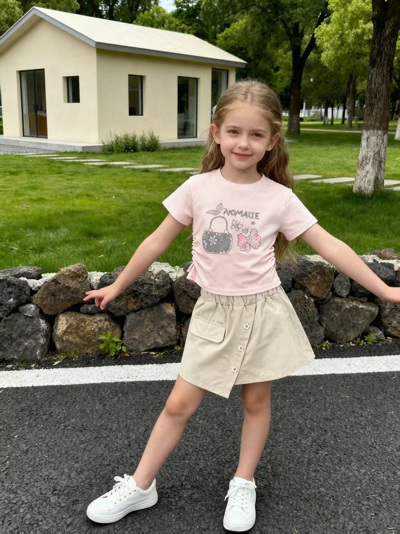Girls Rhinestone Round Neck Short Sleeve Two-Piece Set