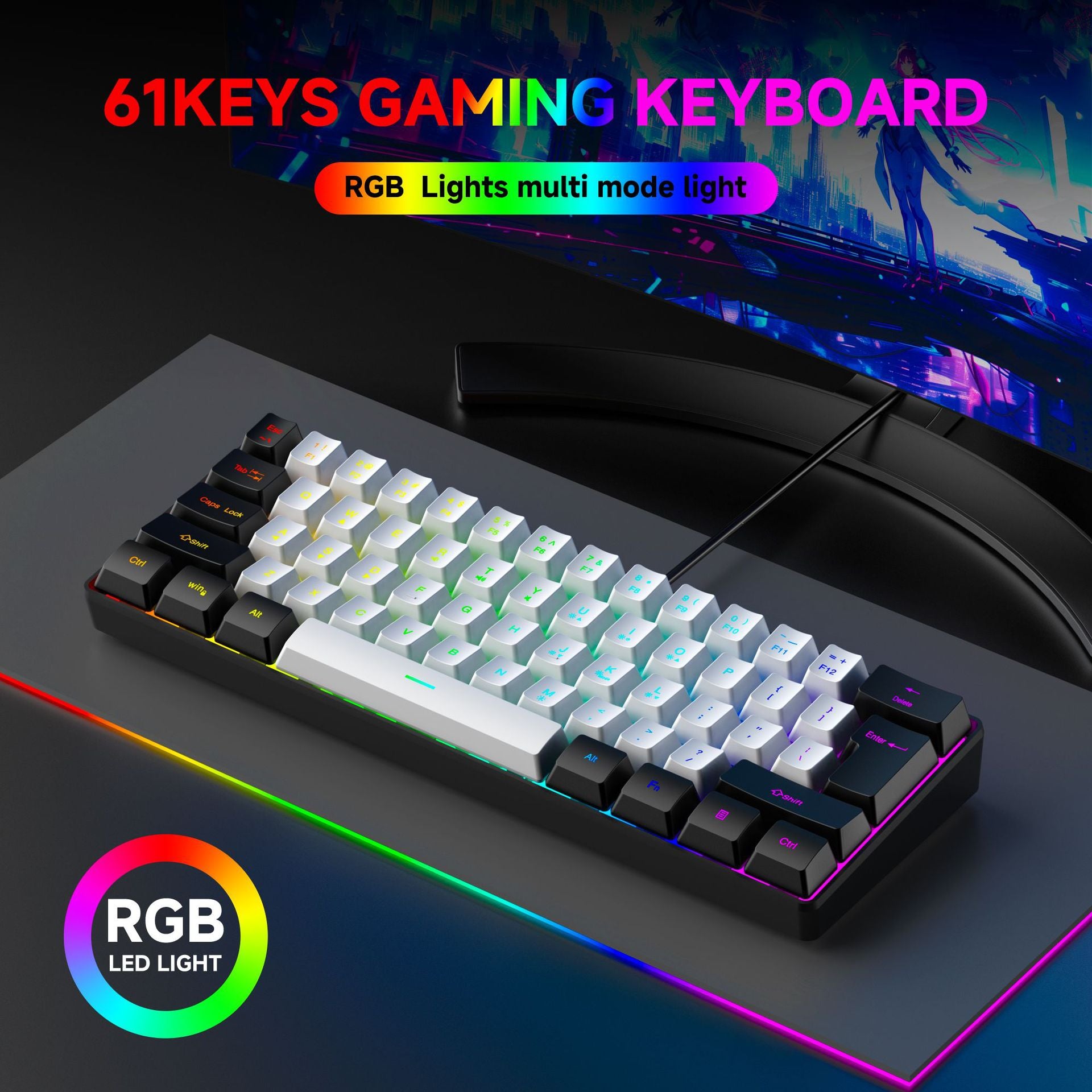 61-Key RGB Gaming Keyboard – Compact Wired USB