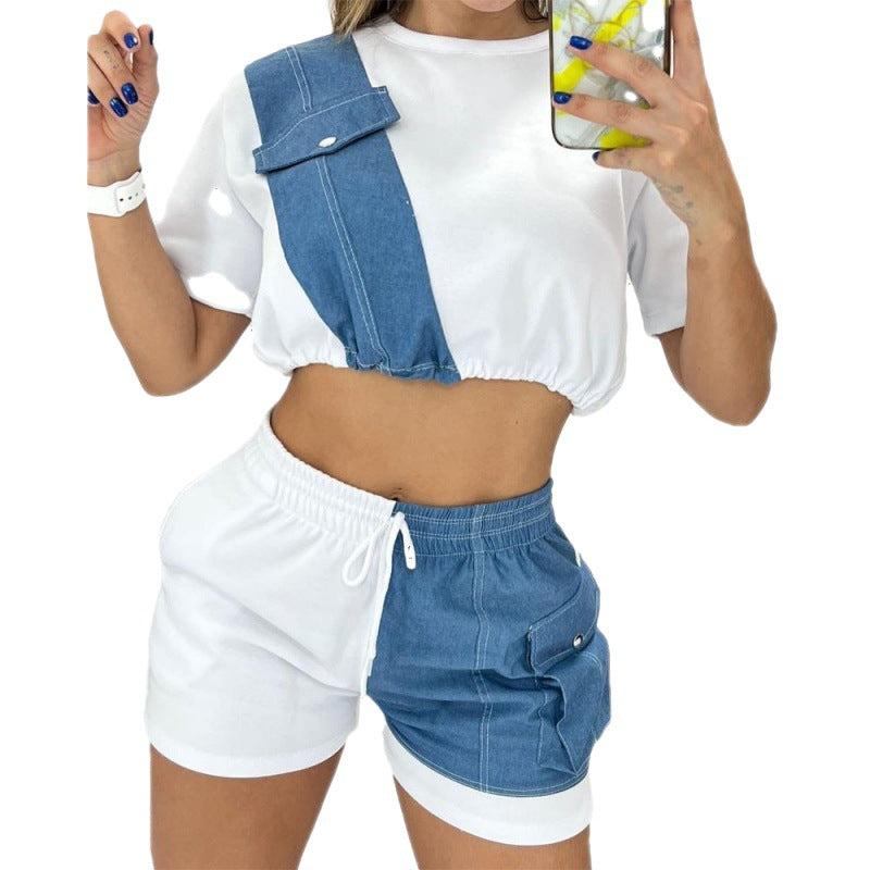 Women's Denim Short Sleeve Shorts Set
