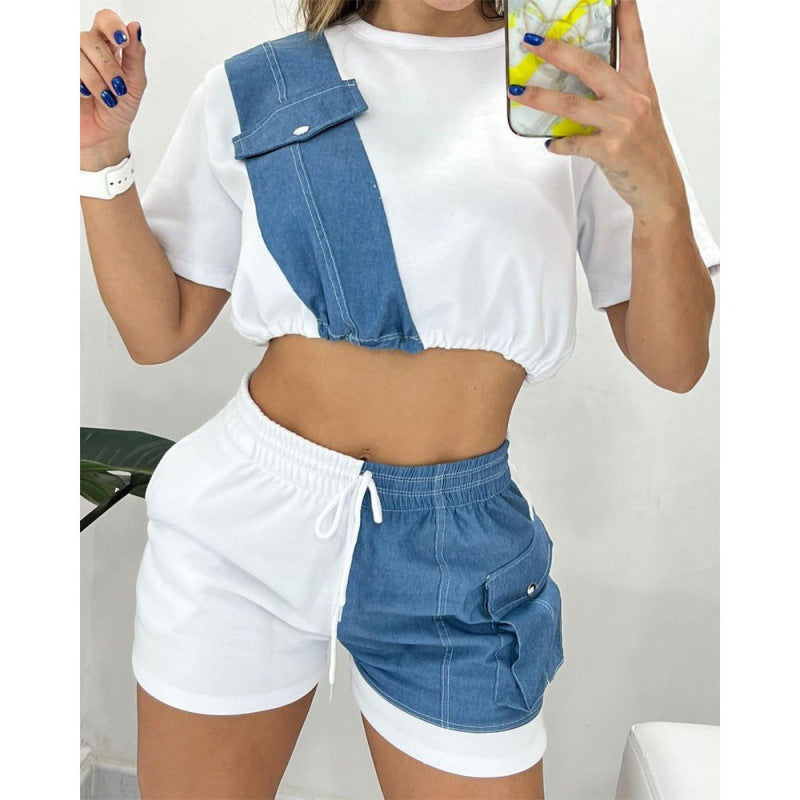 Women's Denim Short Sleeve Shorts Set