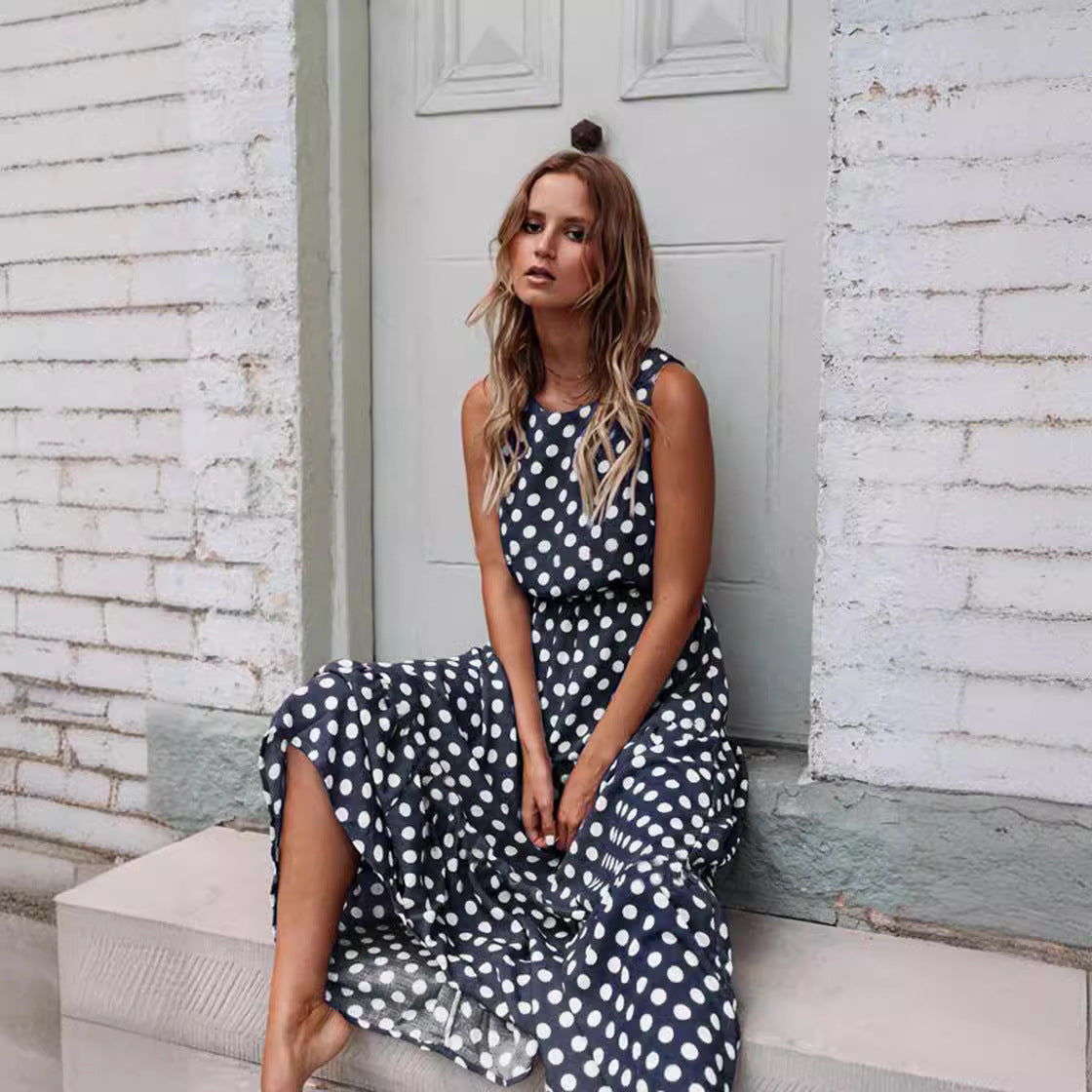 Printed Polka Dot Round Neck Long Dress