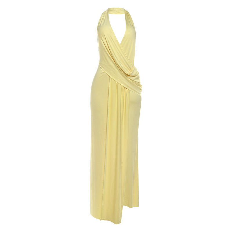 Elegant Halter Neck Deep V Back Floor Length Dress