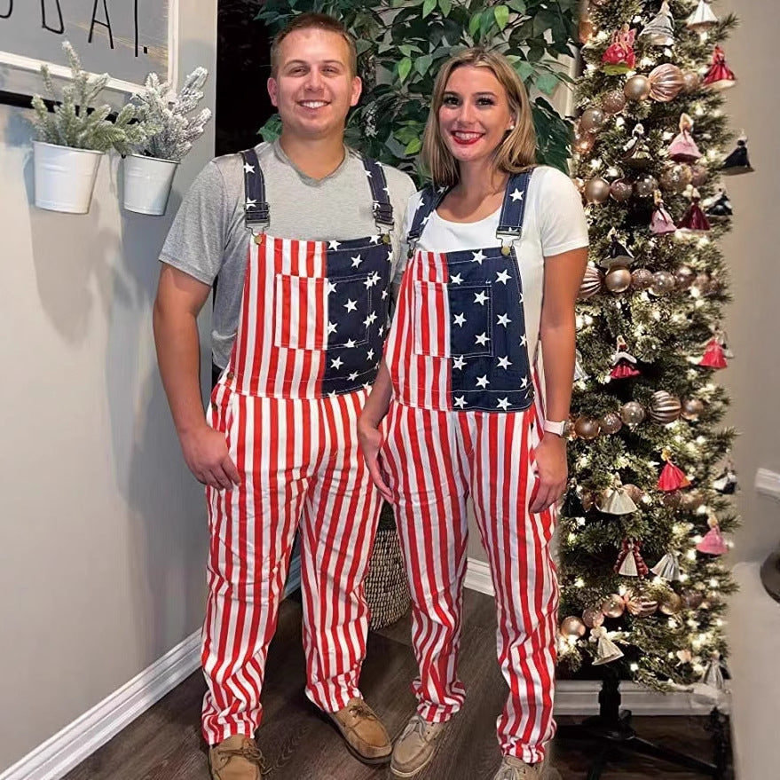 American Flag Couple's Overalls – 4th of July Denim Bib Pants