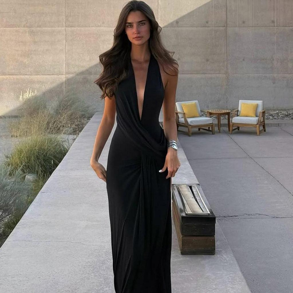 Elegant Halter Neck Deep V Back Floor Length Dress