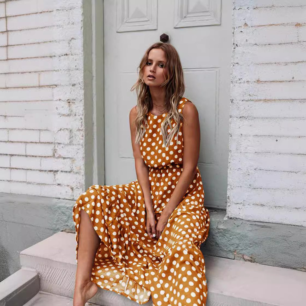 Printed Polka Dot Round Neck Long Dress
