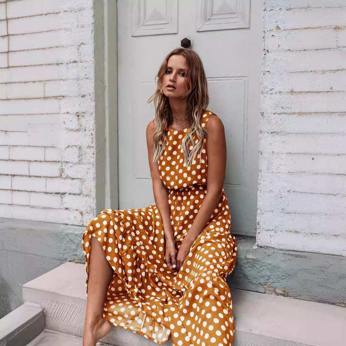Printed Polka Dot Round Neck Long Dress