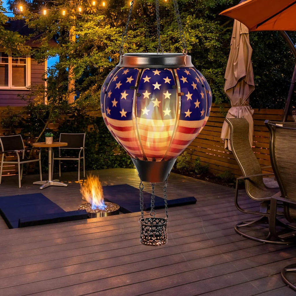 American Flag Hot Air Balloon Solar Lantern – Patriotic Outdoor Light