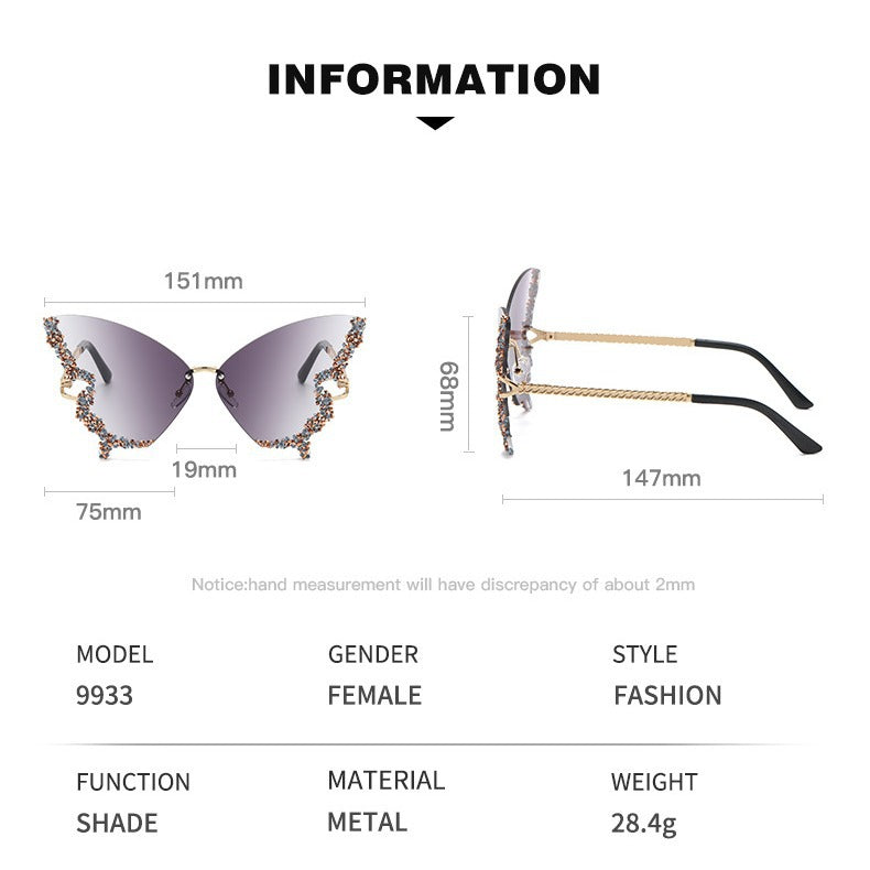Butterfly Diamond Sunglasses – UV400 Protection, Oversized Metal Frame