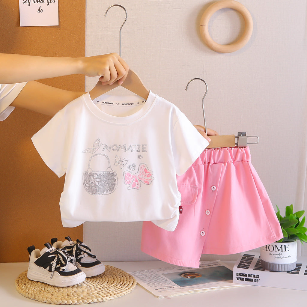 Girls Rhinestone Round Neck Short Sleeve Two-Piece Set